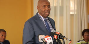 Education CS Ezekiel Machogu during launch of school feeding program at KICD Headquarters