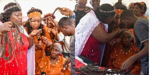 Photo collage of Mama Ngina Kenyatta shaving field marshal Muthoni Wa Kirima dreadlocks on Saturday April 2, 2022