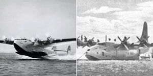 Photo collage of flying boat taking off and another one landing on Lake Naivasha