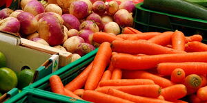 Food items on display at a market.