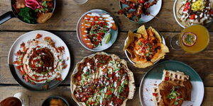 Food set out on a table.