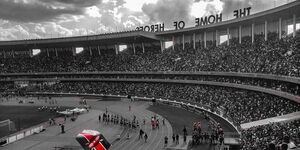 Football fans at the Kasarani Stadium during an international match.
