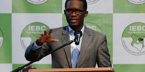 Former IEBC CEO Ezra Chiloba giving an address