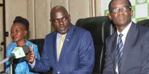 Former IEBC Commissioner Roselyn Akombe (left), Chairman Wafula Chebukati and former CEO Ezra Chiloba,