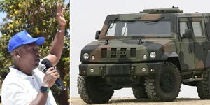 Former Kiambu Governor William Kabogo (left) and the model of an Iveco Light Multirole Vehicle (LMV) he owns. 