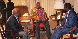 Former President Daniel Arap Moi (Centre) having a chat with former Prime Minister Raila Odinga (Right) and Baringo Senator Gideon Moi at his Kabarak residence on April 12, 2018.