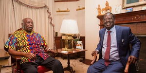 Former President Daniel arap Moi (Left) with former Prime Minister Raila Odinga at his Kabarak residence on April 12, 2018.