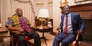 Former President Daniel Moi with former Prime Minister Raila Odinga at his Kabarak residence on April 12, 2018.