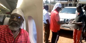 Former Presidential contender George Wajackoyah travelling to Kisumu (left) and the politician handing out handouts.