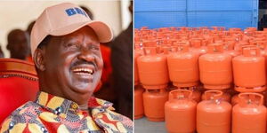Former Prime Minister Raila Odinga (left) and a stack of gas cylinders