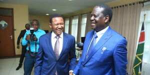 Former Prime Minister Raila Odinga and Machakos Governor Alfred Mutua at Raila's Capitol Hill offices on Wednesday. [Source/ Alfred Mutua]