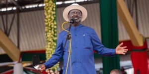 Former Prime Minister Raila Odinga speaks during the Mashuja Day Celebrations in Kirinyaga on October 20, 2021.