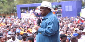 Cotu boss Francis Atwoli speaking at an Azimio rally in Mulwanda, Khwisero on June 29, 2022.