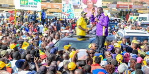 Francis Maliti campaigning alongside Deputy President William Ruto during a past Kenya  Kwanza rally in Machakos