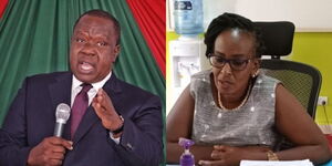 Photo collage between Interior CS Fred Matiang'i and Regional Commissioner Esther Maina