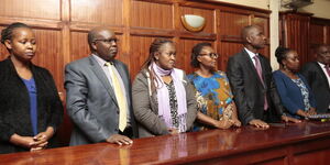 From Left, Catherine Wanjiru, Francis Karimi, Lilian Savai, Salome Ludenyi Munubi, Tom Chavangi, Emma Muthoni Njogu, and Muhammad Swazuri at Milimani law court, April 19, 2019.