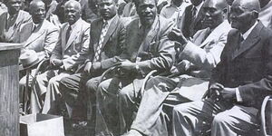 From Left, James Gichuru, Harry Thuku, Chief Koinange, Eliud Mathu, Jomo Kenyatta, Chief Waruhiu and Chief Josiah Njonjo. August 1952.