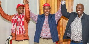 From left Isaac Maina Gitura ,Nyandarua Governor Francis Kimemeia and Eng Joseph Mungai Mbugua on Saturday, May 28, 2022.