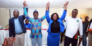 From left Machakos Deputy Governor Francis Muliti, Wiper Party leader Kalonzo Musyoka, former CAS Wavinya Ndeti and ex-CCU Secretary-General Phillipe Sadja on Wednesday, July 27, 2022.