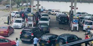 An aerial photo showing motorists lining up for fuel at a fuel Station in Kileleshwa on Saturday, April 2, 2022.