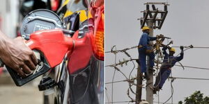 Fuel attendant refilling a car and technicians fixing power issue on electricity lines