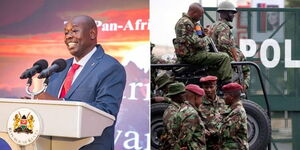A photo collage of Deputy President Rigathi Gachagua speaking at an event on March 17, 2023 (left) and police officer barricading a road (right).