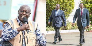 A photo collage of Deputy President Rigathi Gachagua speaking in Kisii County on March 24, 2023 (left) and former President Uhuru Kenyatta and ex-Interior CS Fred Matiang'i at a past event (right).