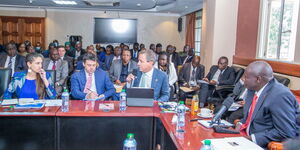 Deputy President Rigathi Gachagua chairing a meeting at his Harambee Annex office in Nairobi on Friday October 7, 2022.