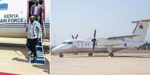 A collage image of Deputy President Rigathi Gachagua alighting from KAF 304 plane in Kisumu (left) and the place parked at an airport (right).