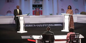 Kenya Kwanza running mate Rigathi Gachagua with his Azimio la Umoja counterpart Martha Karua during the Deputy Presidential Debate on Tuesday July 19, 2022