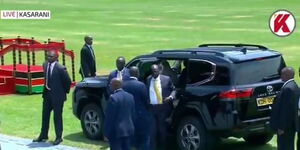 Deputy President Rigathi Gachagua arrives at the Kasarani Stadium in a LC 300.