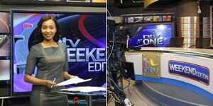 Photo collage between NTV presenter Gladys Gachanja and inside their studios