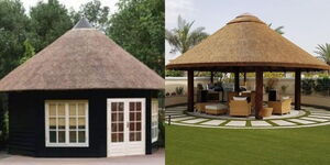 A photo collage of grass thatched gazebos