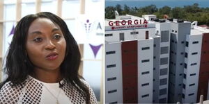 A collage image of Veronica Mumira, and Georgia Luxury Apartments in Mombasa County.  