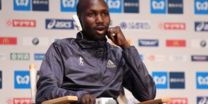 Marathoner Wilson Kipsang at an interview ahead of the Tokyo Marathon in Tokyo on February 23, 2018. 