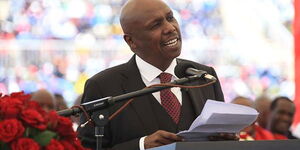 Baringo Senator Gideon Moi speaks during a memorial service for his father at Nyayo National Stadium on February 11, 2020