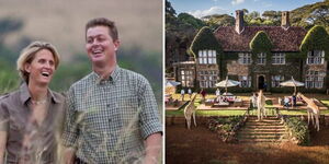 A side-by-side image of Tanya and Mikey Carr-Hartley and the Giraffe Manor.