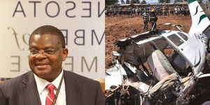 Photo collage between Former Finance Minister Njeru Githae and a plane crash