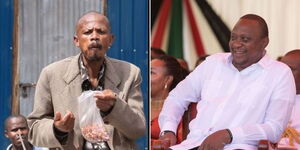 A collage image of Martin Kamotho alias Githeri man and President Uhuru Kenyatta.
