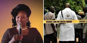 A side-by-side image of Pastor Elizabeth Githinji and DCI officers combing through a crime scene.