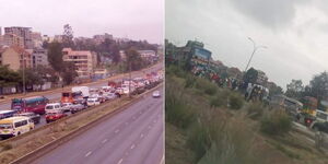 A photo collage of vehicles stuck in traffic along Thika Road on July 1, 2023.