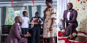 Photo collage of Godfrey Kimutai Tanui proposing to Bomet Woman Representative Linet Toto on Tuesday February 14, 2023