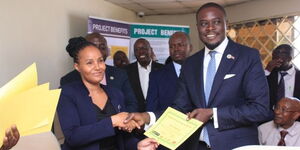 Governor Johnson Sakaja receives The Nairobi Physical Addressing and Street Naming System at his office in City Hall on February 23, 2023.