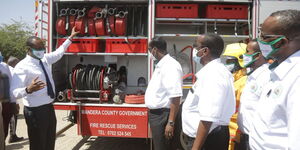 Mandera Governor displaying new fire engines during the launch of Mandera fire station.