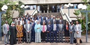 Governors pose for a photo with UN Deputy Secretary General Amina Mohammed after a meeting on climate change at the KICC on October 5, 2022.