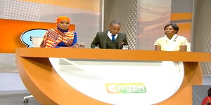 News anchors Lulu Hassan (left) and Rashid Abdalla (center) interview Grace (right) at Citizen TV studio on Saturday, February 22, 2020.