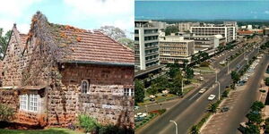 Photo collage between old Chiromo stone house and an aerial view of Nairobi city before recent developments