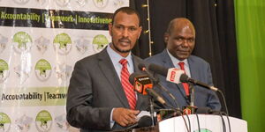 Former IEBC commissioner Abdi Guliye (left) addresses the media, alongside former chairperson, Wafula Chebukati during the launch of the Post Election Evaluation Report on January 16, 2023.
