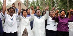 The Kenya Medical Practitioners, Pharmacists and Dentists' Union (KMPDU) members protest at the Provincial General Hospital Nakuru on December 2013.