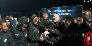 Harambee Starlets celebrates its bronze trophy at the conclusion of the Turkish Women’s Cup on March 10, 2020.